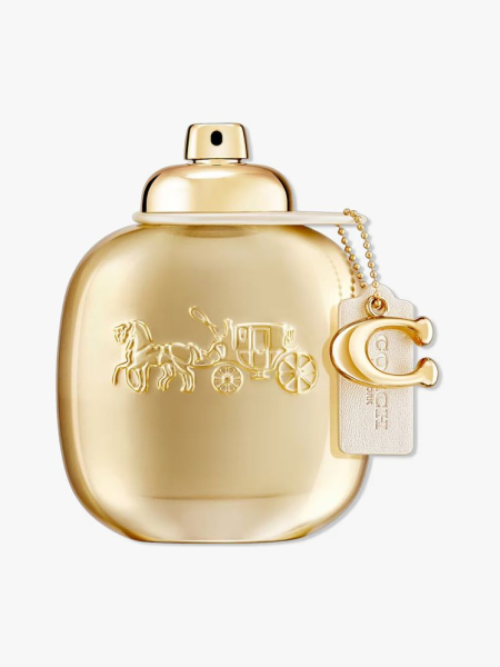 Coach Gold Parfum in branded component on a light gray background