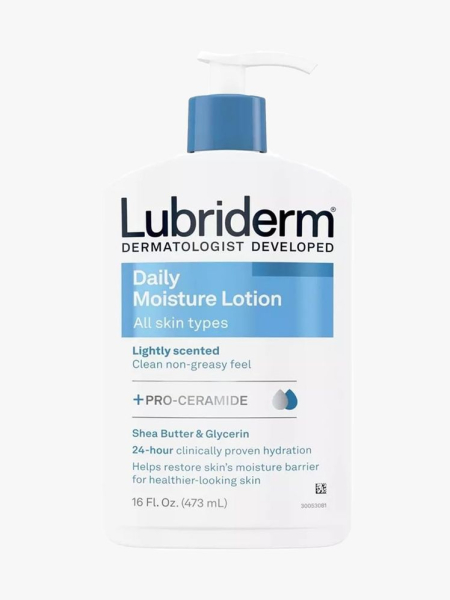 Lubriderm Daily Moisture Lotion white pump bottle of lotion on light gray background